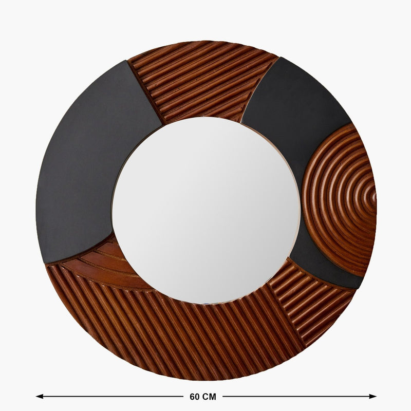 Designer Accent Mirror with Carved Wood and Black Panels