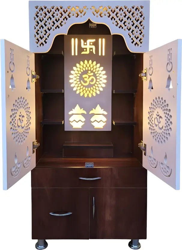Designer Brown & White Wooden Temple with Swastik OM LED Back Panel & Spacious Storage Cabinet for Home & Office