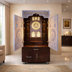 Designer Brown & White Wooden Temple with Swastik OM LED Back Panel & Spacious Storage Cabinet for Home & Office