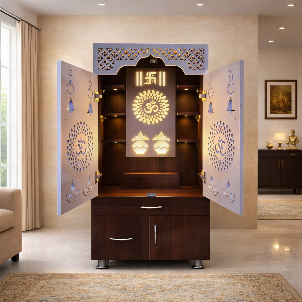 Designer Brown & White Wooden Temple with Swastik OM LED Back Panel & Spacious Storage Cabinet for Home & Office