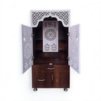 Designer Brown & White Wooden Temple with Swastik OM LED Back Panel & Spacious Storage Cabinet for Home & Office