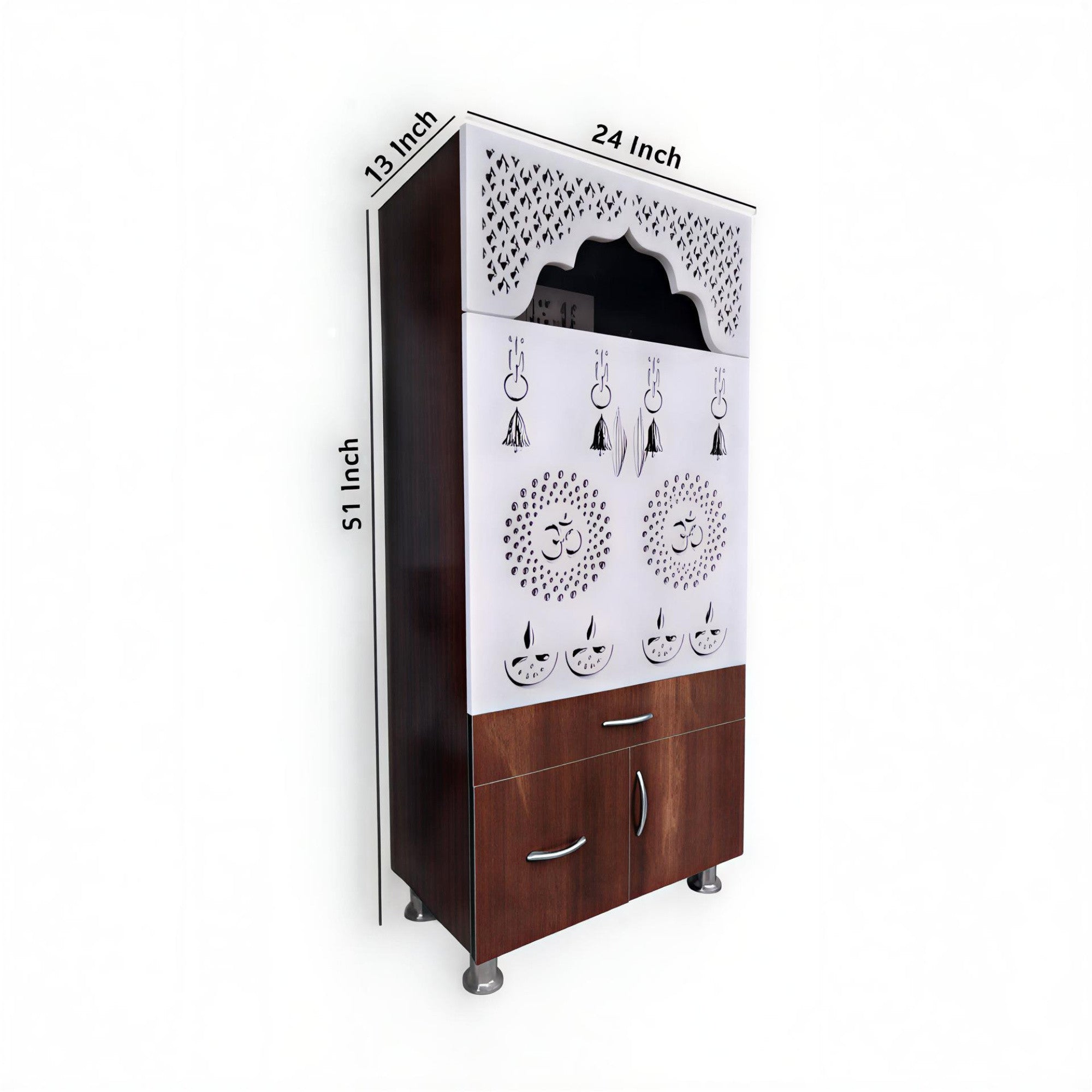 Designer Brown & White Wooden Temple with Swastik OM LED Back Panel & Spacious Storage Cabinet for Home & Office