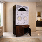 Designer Brown & White Wooden Temple with Swastik OM LED Back Panel & Spacious Storage Cabinet for Home & Office