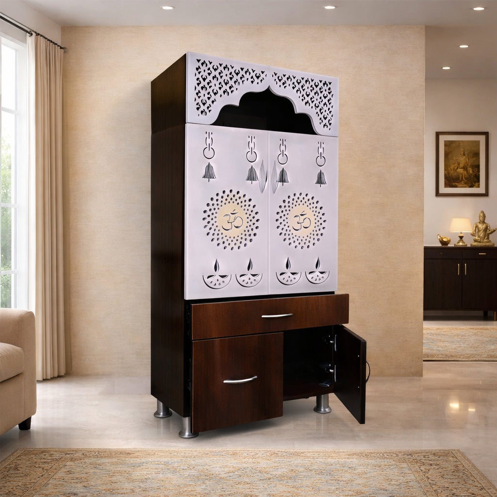 Designer Brown & White Wooden Temple with Swastik OM LED Back Panel & Spacious Storage Cabinet for Home & Office