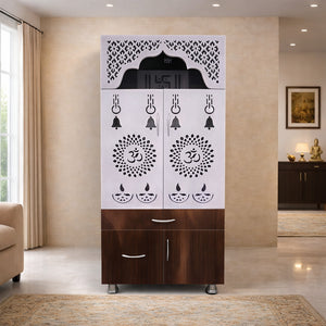 Designer Brown & White Wooden Temple with Swastik OM LED Back Panel & Spacious Storage Cabinet for Home & Office