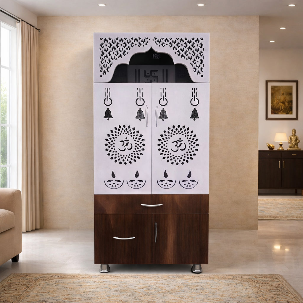 Designer Brown & White Wooden Temple with Swastik OM LED Back Panel & Spacious Storage Cabinet for Home & Office