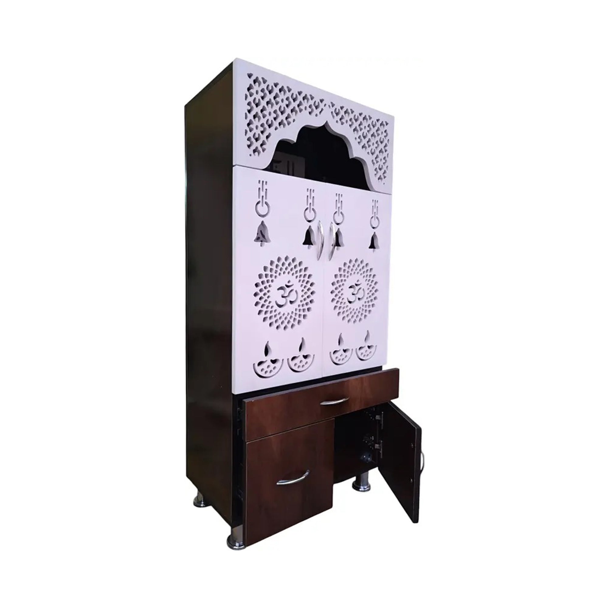 Designer Brown & White Wooden Temple with Swastik OM LED Back Panel & Spacious Storage Cabinet for Home & Office