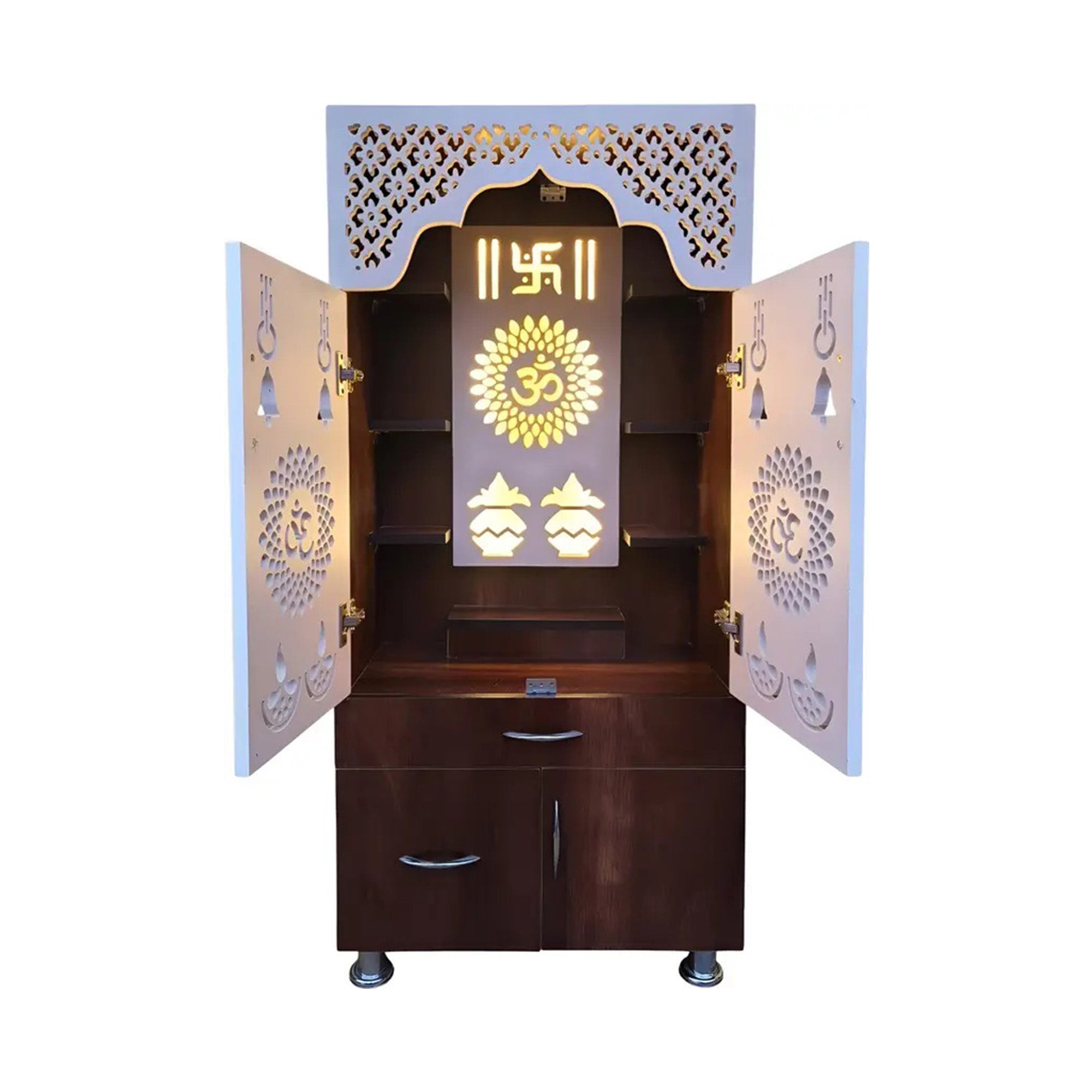 Designer Brown & White Wooden Temple with Swastik OM LED Back Panel & Spacious Storage Cabinet for Home & Office