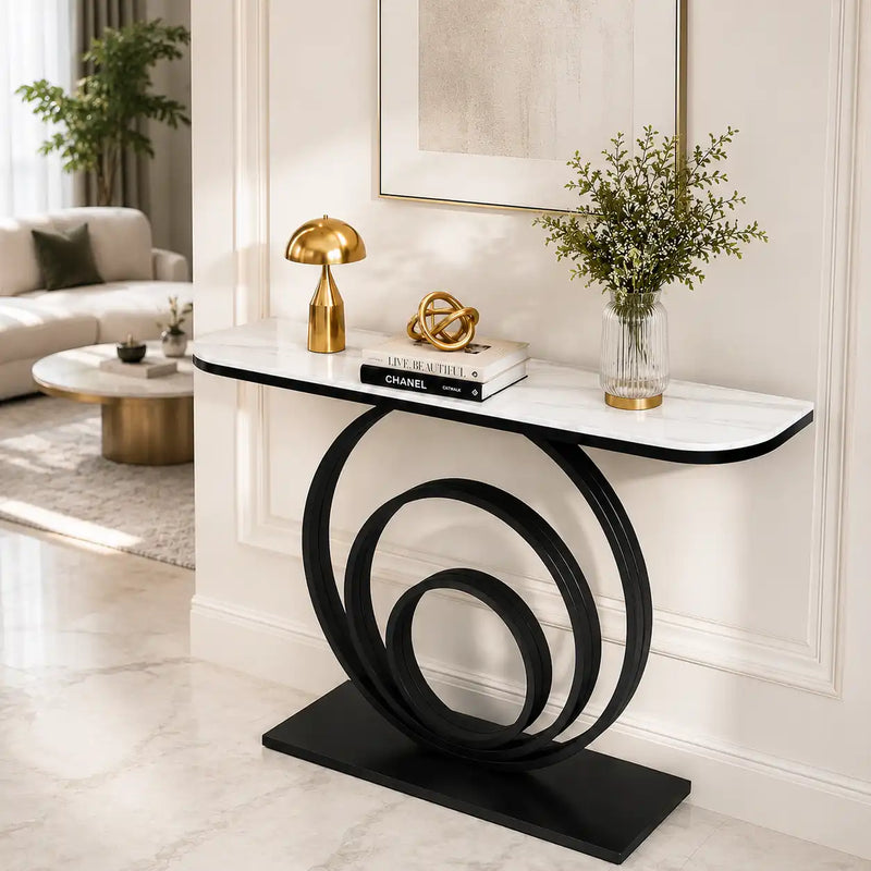 Designer Console Table with Unique Black Circular Ring Base