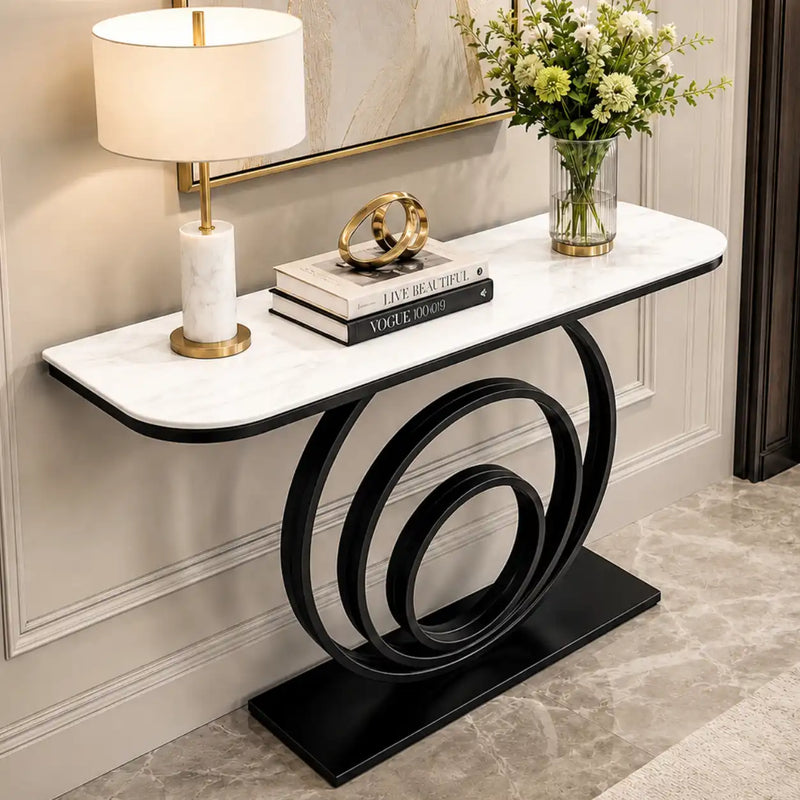 Designer Console Table with Unique Black Circular Ring Base