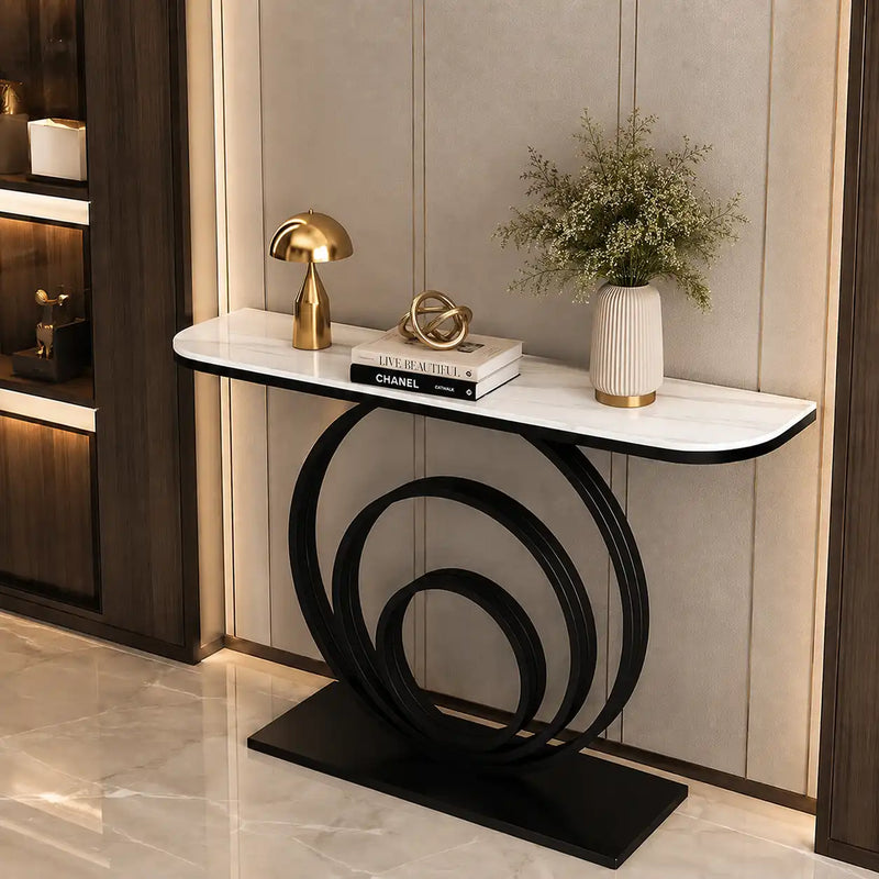 Designer Console Table with Unique Black Circular Ring Base
