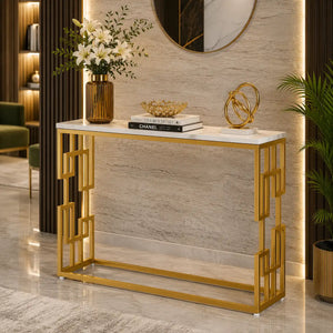 Designer Console Table with Unique Gold Frame and Marble Surface