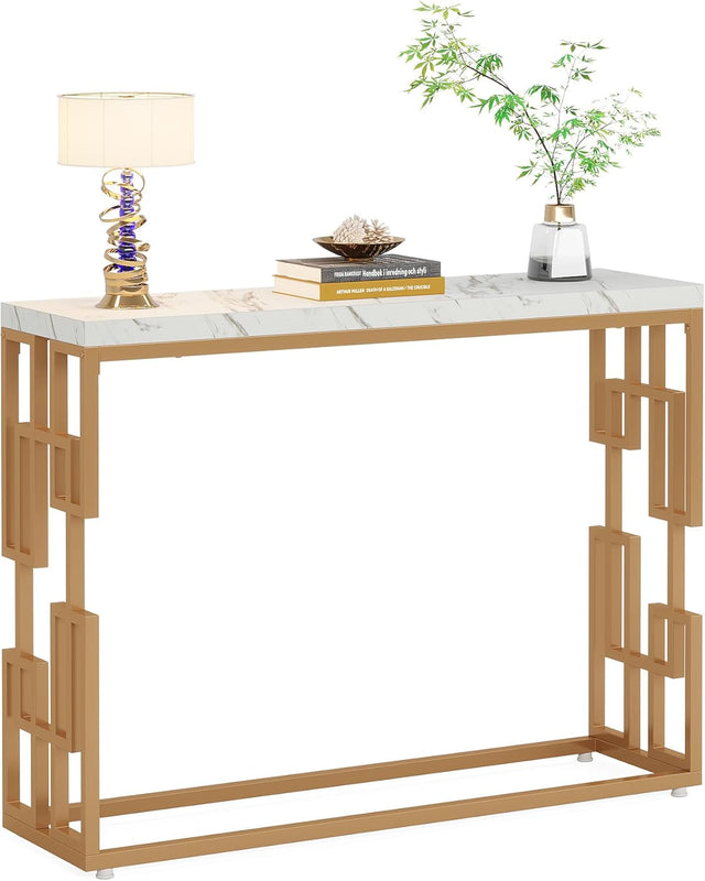Designer Console Table with Unique Gold Frame and Marble Surface