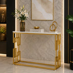 Designer Console Table with Unique Gold Frame and Marble Surface