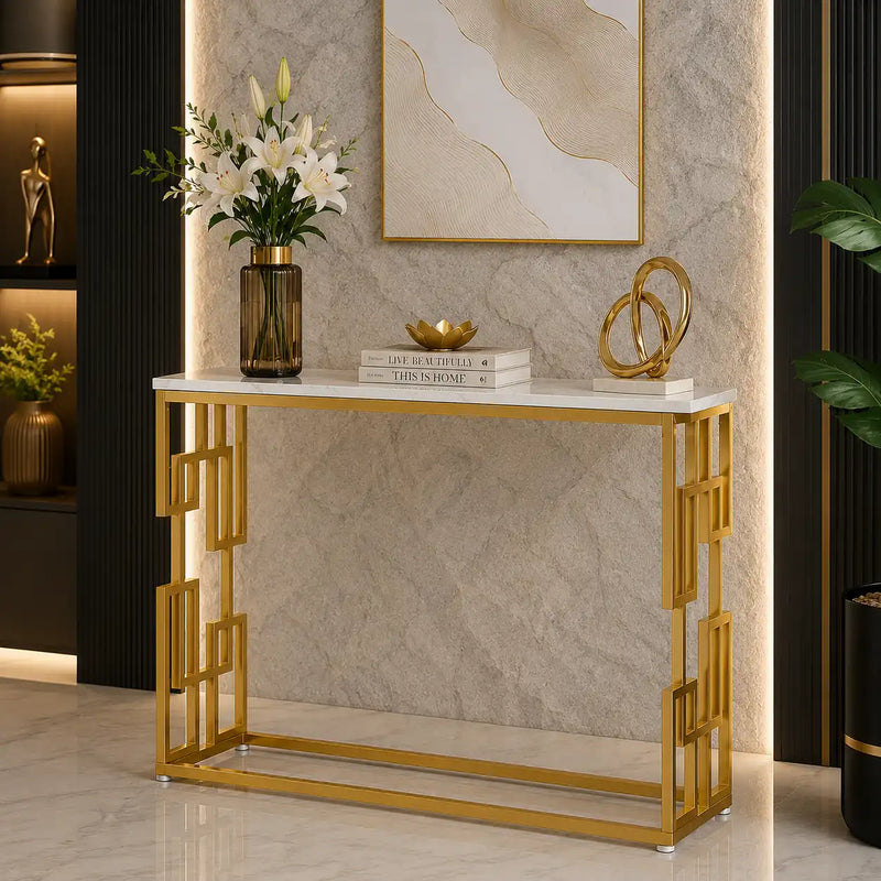 Designer Console Table with Unique Gold Frame and Marble Surface