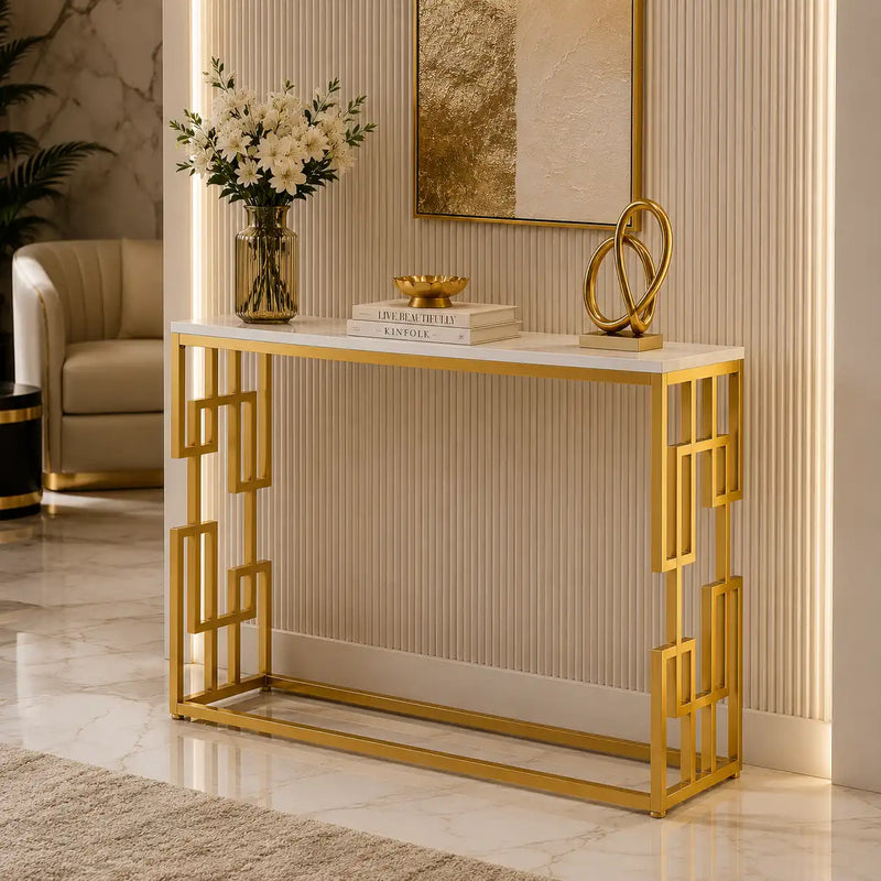 Designer Console Table with Unique Gold Frame and Marble Surface