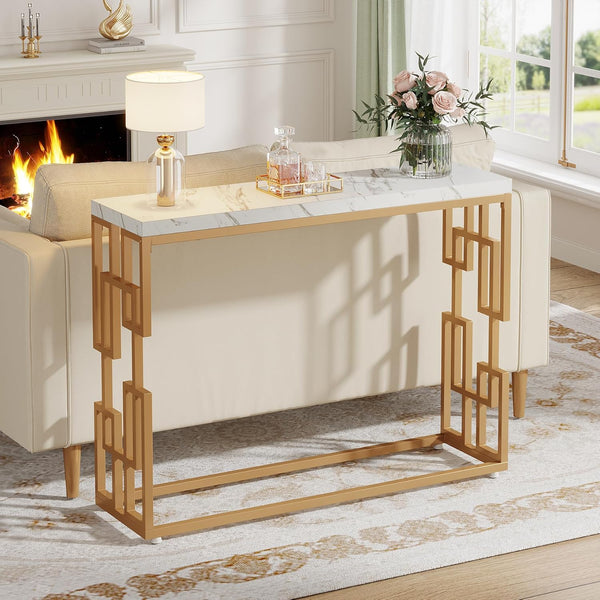 Designer Console Table with Unique Gold Frame and Marble Surface