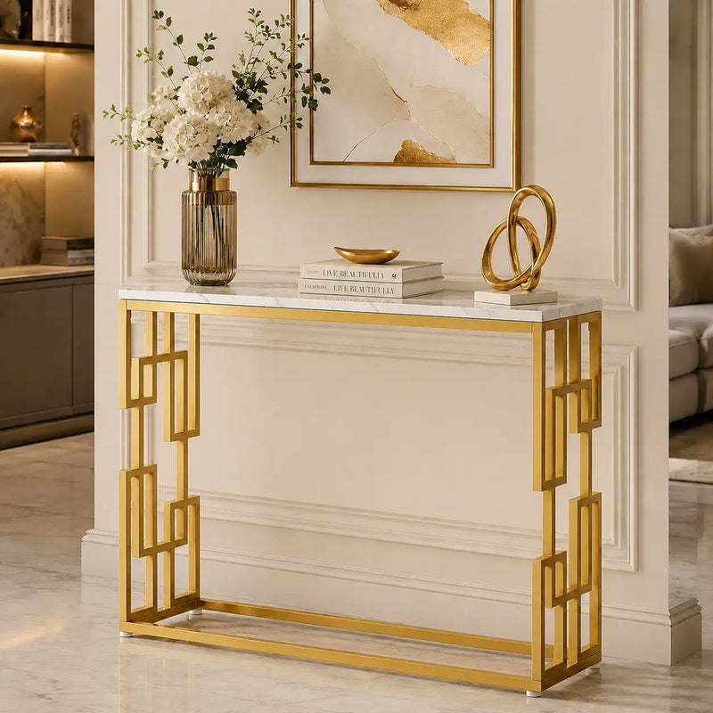 Designer Console Table with Unique Gold Frame and Marble Surface