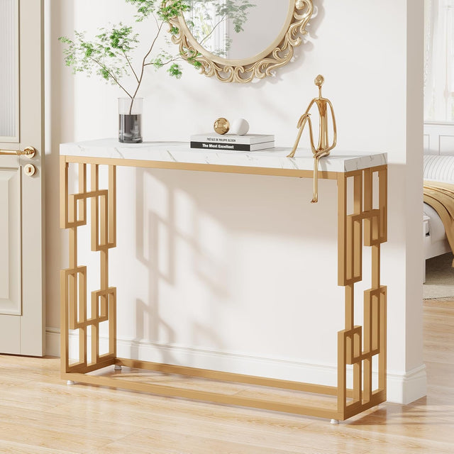Designer Console Table with Unique Gold Frame and Marble Surface