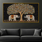Designer Elephant Pair Under Tree Painting Crystal Glass Wall Art for Luxury Interiors