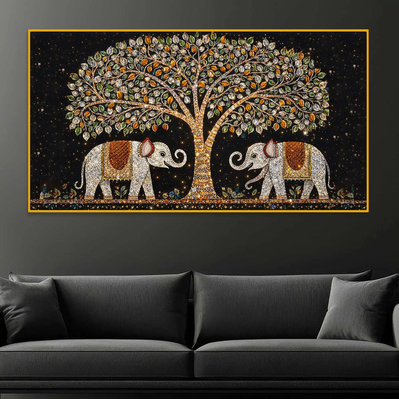 Designer Elephant Pair Under Tree Painting Crystal Glass Wall Art for Luxury Interiors
