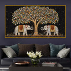 Designer Elephant Pair Under Tree Painting Crystal Glass Wall Art for Luxury Interiors