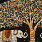 Designer Elephant Pair Under Tree Painting Crystal Glass Wall Art for Luxury Interiors