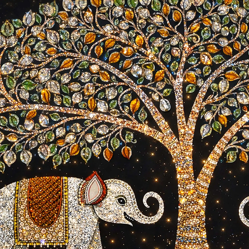 Designer Elephant Pair Under Tree Painting Crystal Glass Wall Art for Luxury Interiors