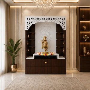Designer Floor Pooja Mandir with LED Panel and Krishna Theme