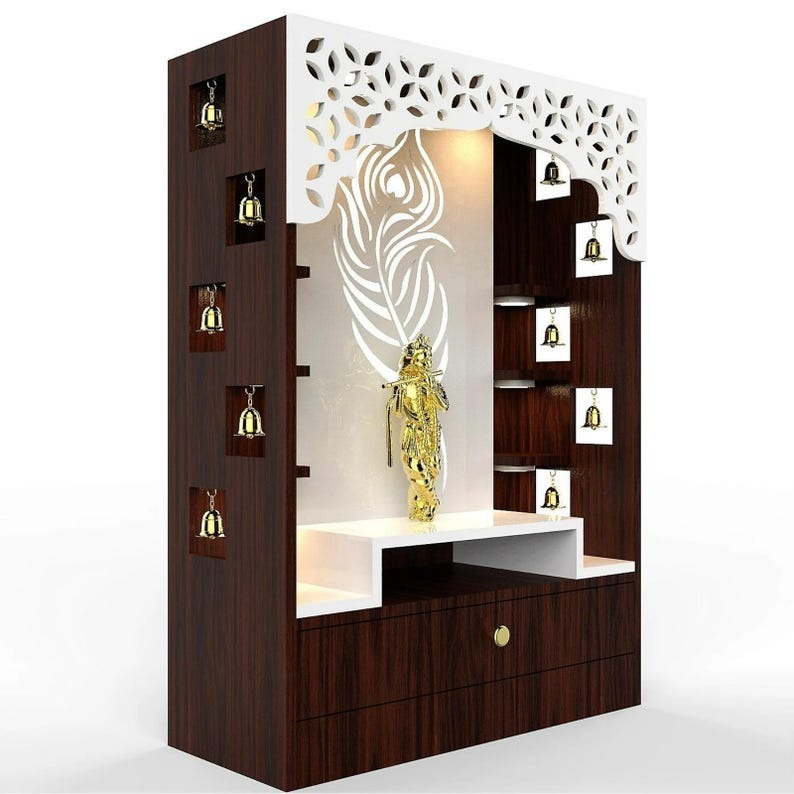 Designer Floor Pooja Mandir with LED Panel and Krishna Theme