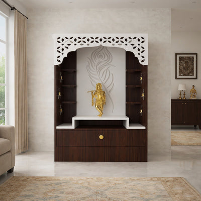 Designer Floor Pooja Mandir with LED Panel and Krishna Theme