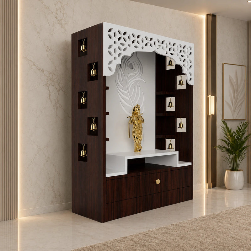 Designer Floor Pooja Mandir with LED Panel and Krishna Theme