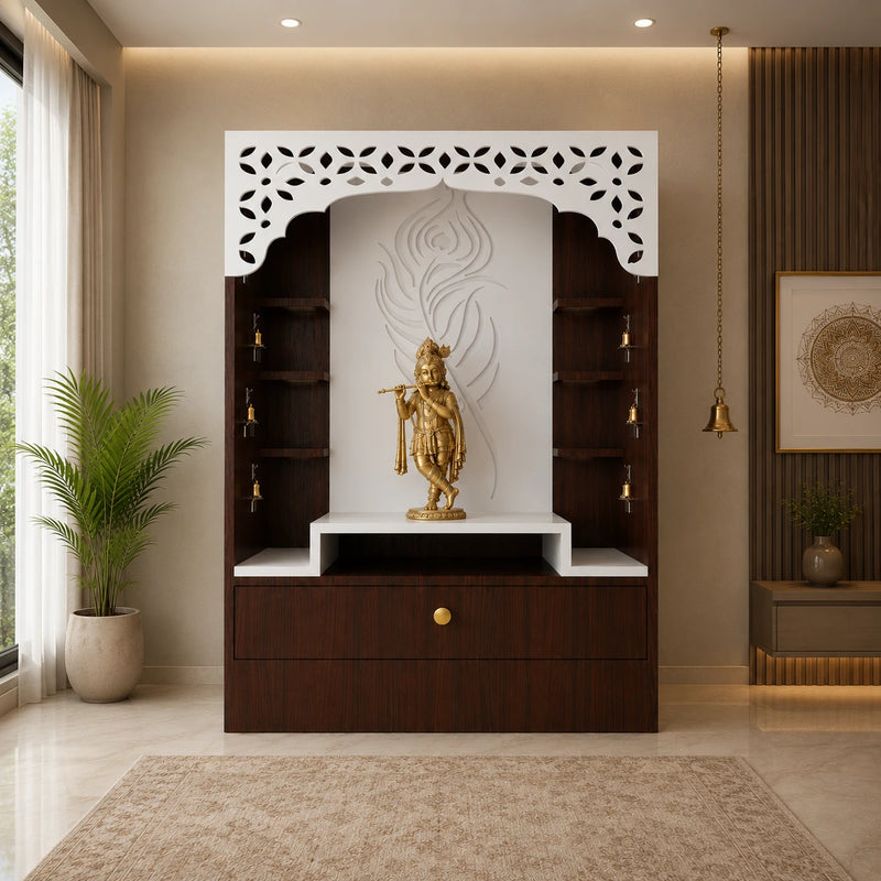 Designer Floor Pooja Mandir with LED Panel and Krishna Theme