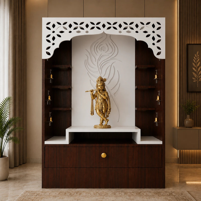 Designer Floor Pooja Mandir with LED Panel and Krishna Theme