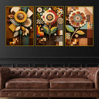 Designer Floral Mosaic Pattern Floating Frame Crystal Wall Painting Set of 3