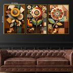 Designer Floral Mosaic Pattern Floating Frame Crystal Wall Painting Set of 3