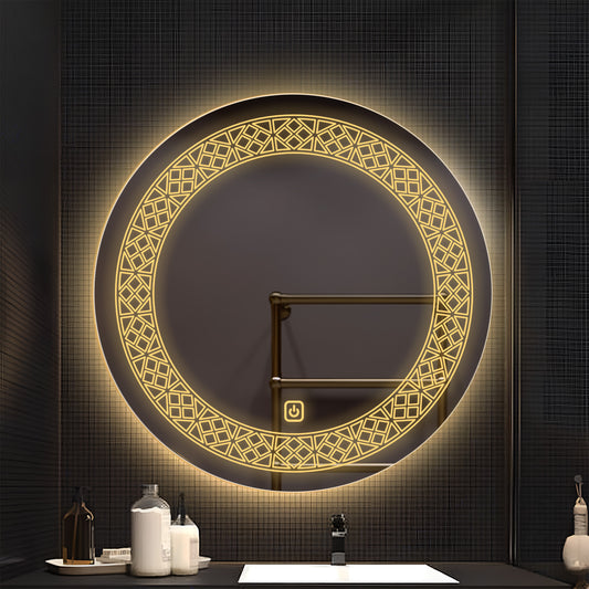 Designer Floral Pattern Art LED Rounded Shape Bathroom Wall Mirror