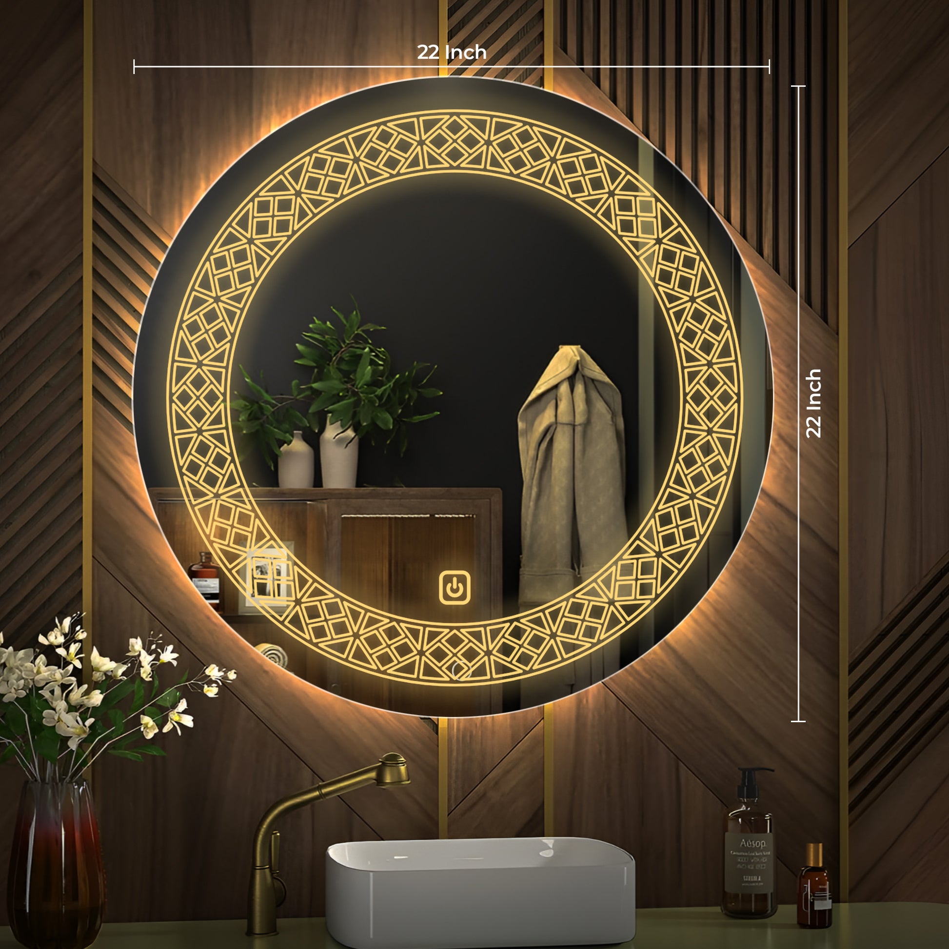 Designer Floral Pattern Art LED Rounded Shape Bathroom Wall Mirror