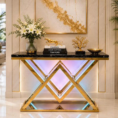 Designer Gold LED Console Table for Living Room Interiors (SS 302)