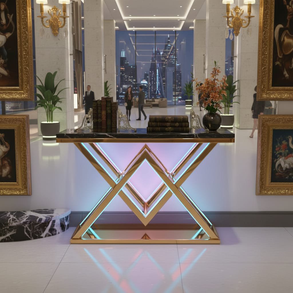 Designer Gold LED Console Table for Living Room Interiors (SS 302)