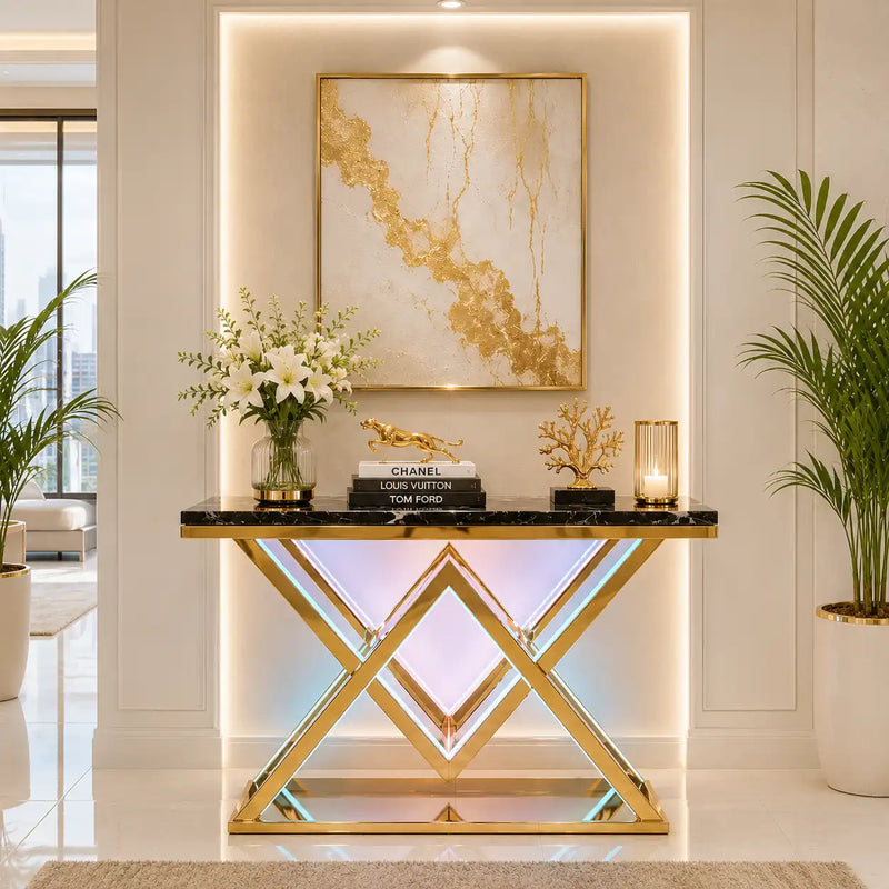 Designer Gold LED Console Table for Living Room Interiors (SS 302)