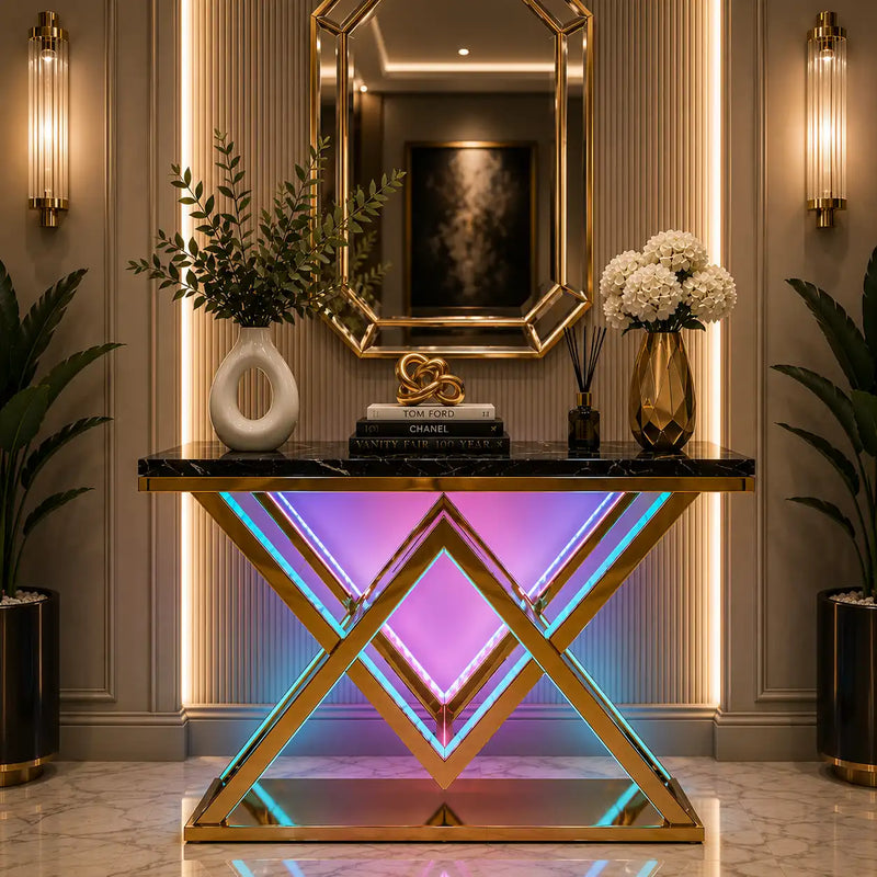 Designer Gold LED Console Table for Living Room Interiors (SS 302)