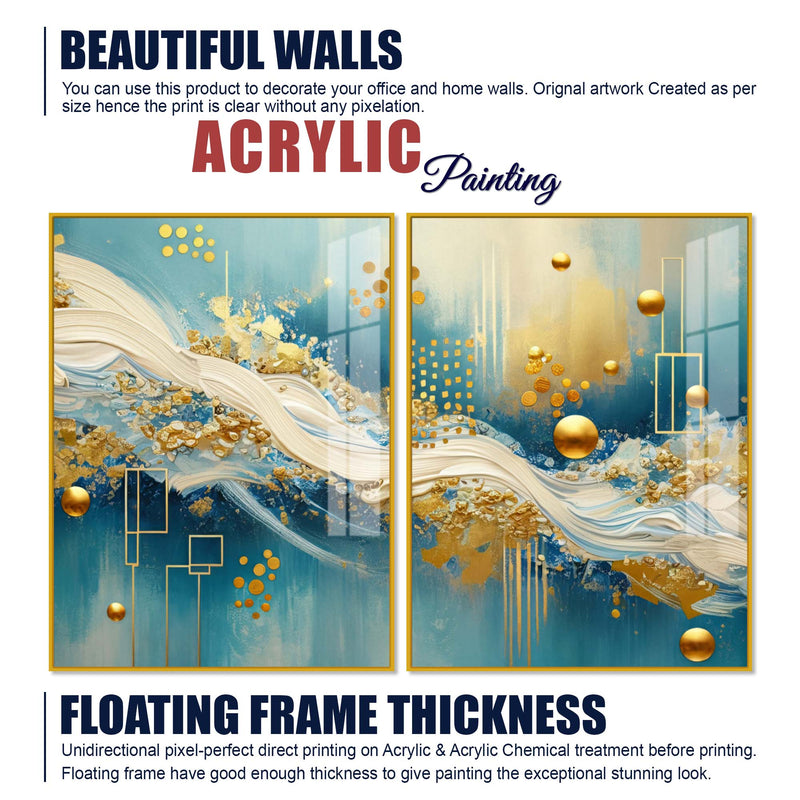 Designer Golden Sphere & Ocean Wave Acrylic Floating Wall Painting Set of 2