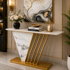 Designer Hallway Console Table with Marble Finish and Gold Accents