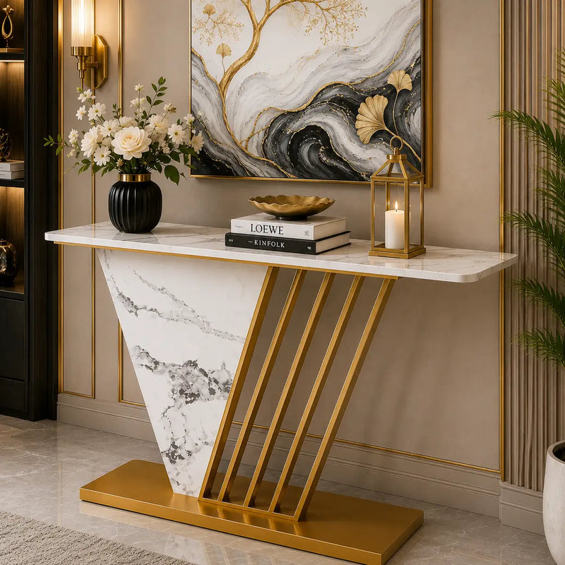 Designer Hallway Console Table with Marble Finish and Gold Accents