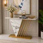 Designer Hallway Console Table with Marble Finish and Gold Accents