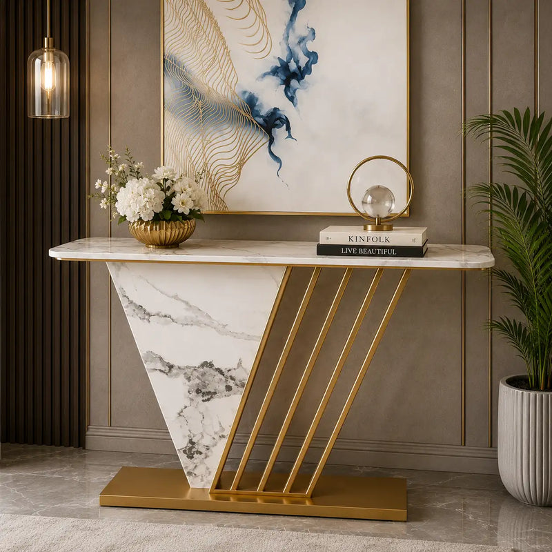 Designer Hallway Console Table with Marble Finish and Gold Accents