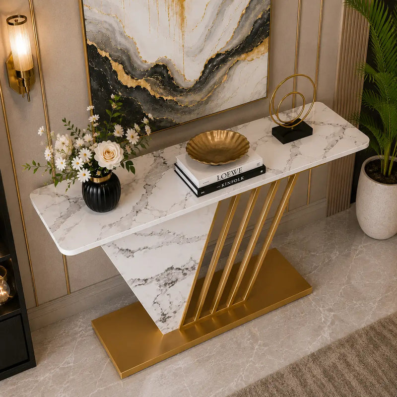 Designer Hallway Console Table with Marble Finish and Gold Accents