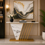 Designer Hallway Console Table with Marble Finish and Gold Accents