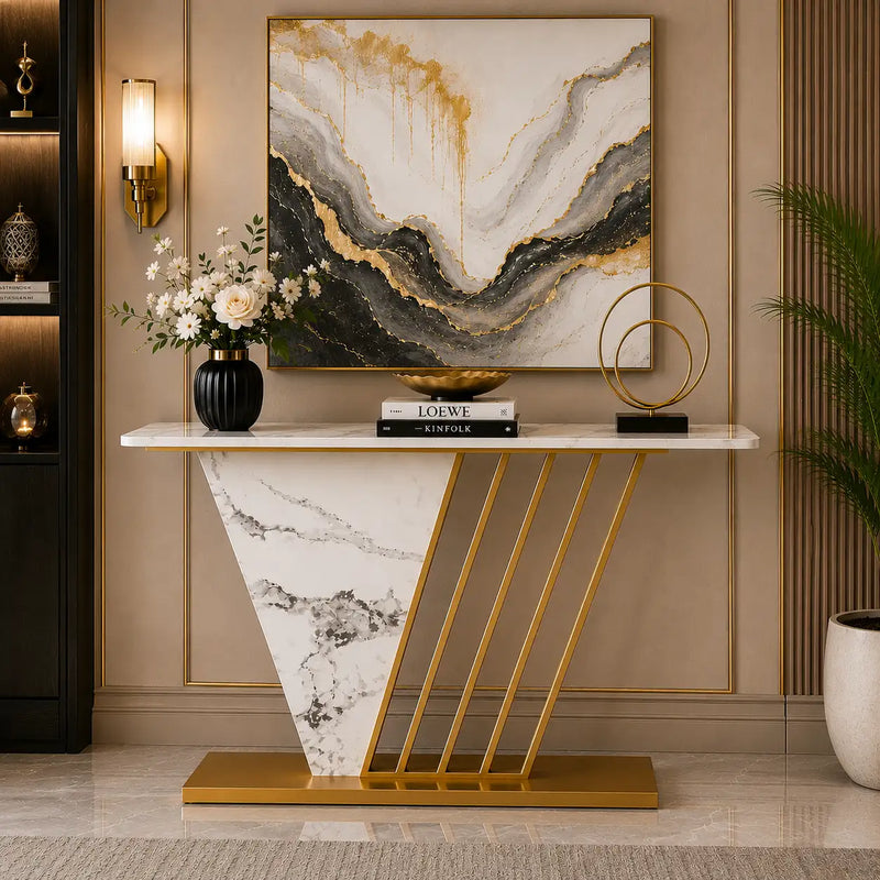 Designer Hallway Console Table with Marble Finish and Gold Accents